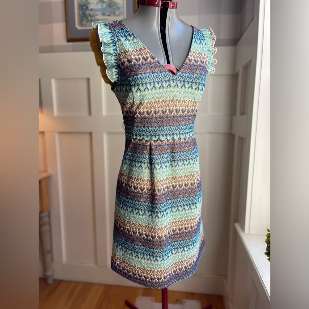Anthropologie‎ Tabitha Blue and Cream Knit Mini Dress Size 6